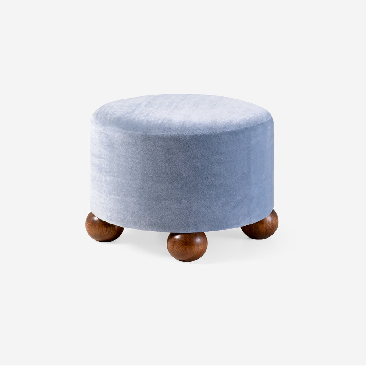 Blue velvet Luupo ottoman in Teddy Sky mohair on oak ball feet